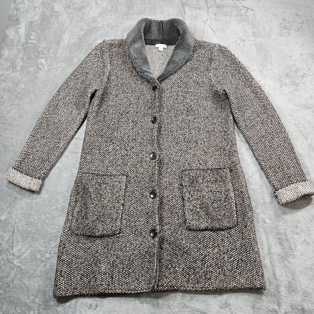 J Jill Cardigan Womens Small Brown Gray Long Line Faux Fur Trim Duster Coatigan - Picture 4 of 8